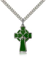 Sterling Silver Celtic Cross Pendant, Stainless Silver Heavy Curb Chain, 1" x 5/8"