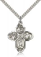 Sterling Silver Franciscan 4-Way Pendant, Stainless Silver Heavy Curb Chain, 1 1/4" x 1"