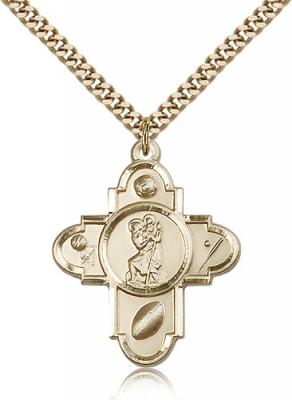 Gold Filled St. Christopher Pendant, Stainless Gold Heavy Curb Chain, 1 1/4" x 1"