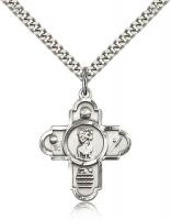 Sterling Silver 5-Way St Christopher/Sports Pendan, Stainless Silver Heavy Curb Chain, 1 1/8" x 7/8"
