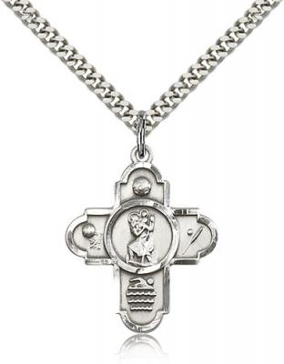 Sterling Silver 5-Way St Christopher/Sports Pendan, Stainless Silver Heavy Curb Chain, 1 1/8" x 7/8"