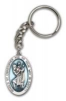 St Christopher Antique Silver Blue Oval Keychain