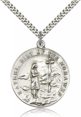 Sterling Silver St. Kateri Pendant, Stainless Silver Heavy Curb Chain, 1 1/4" x 1 1/8"