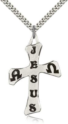 Sterling Silver Cross Pendant, Stainless Silver Heavy Curb Chain, 1 3/4" x 1 1/8"
