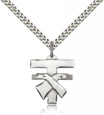 Sterling Silver Franciscan Cross Pendant, Stainless Silver Heavy Curb Chain, 3/4" x 3/4"