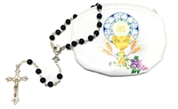 First Communion Rosary Pouch with Black Bead Rosary Set 108-20-7501