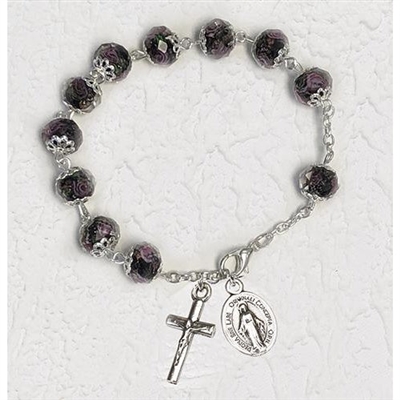 Black Crystal Rosary Bracelet with Pink Rose Painted Beads 108-16-5009