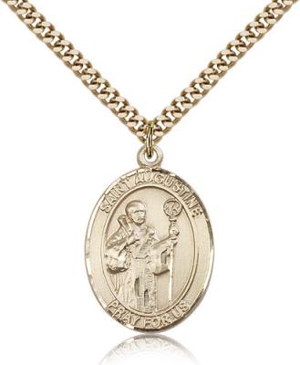 Gold Filled St. Augustine Pendant, Stainless Gold Heavy Curb Chain, Large Size Catholic Medal, 1" x 3/4"