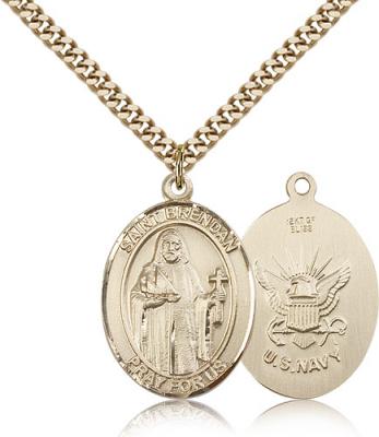 Gold Filled St. Brendan the Navigator/ Navy Pendan, Stainless Gold Heavy Curb Chain, Large Size Catholic Medal, 1" x 3/4"