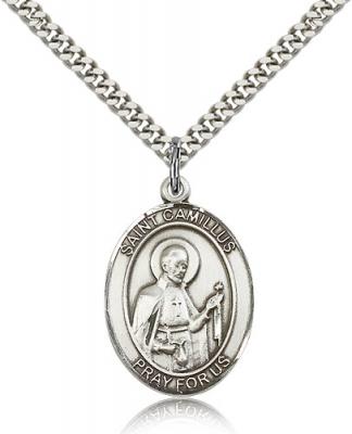 Sterling Silver St. Camillus of Lellis Pendant, Stainless Silver Heavy Curb Chain, Large Size Catholic Medal, 1" x 3/4"