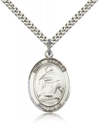 Sterling Silver St. Charles Borromeo Pendant, Stainless Silver Heavy Curb Chain, Large Size Catholic Medal, 1" x 3/4"
