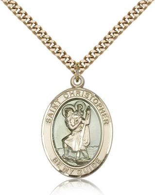 Gold Filled St. Christopher Pendant, SG Heavy Curb Chain, Large Size Catholic Medal, 1" x 3/4"