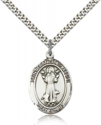 Sterling Silver St. Francis of Assisi Pendant, Stainless Silver Heavy Curb Chain, Large Size Catholic Medal, 1" x 3/4"