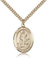Gold Filled St. Hubert of Liege Pendant, Stainless Gold Heavy Curb Chain, Large Size Catholic Medal, 1" x 3/4"