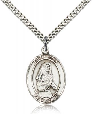 Sterling Silver St. Emily de Vialar Pendant, Stainless Silver Heavy Curb Chain, Large Size Catholic Medal, 1" x 3/4"