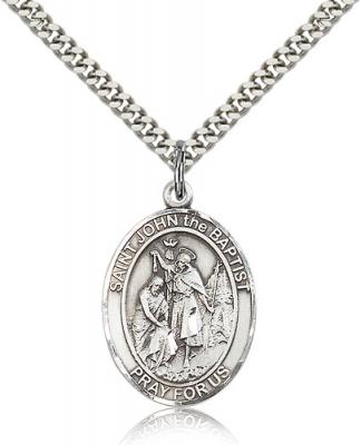 Sterling Silver St. John the Baptist Pendant, Stainless Silver Heavy Curb Chain, Large Size Catholic Medal, 1" x 3/4"
