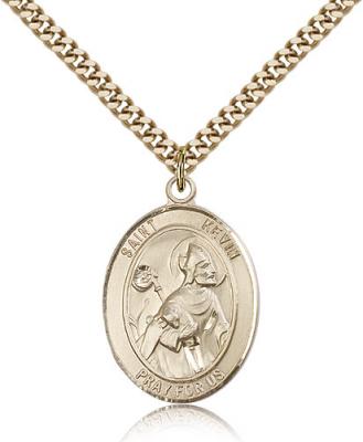 Gold Filled St. Kevin Pendant, Stainless Gold Heavy Curb Chain, Large Size Catholic Medal, 1" x 3/4"