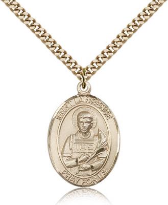 Gold Filled St. Lawrence Pendant, Stainless Gold Heavy Curb Chain, Large Size Catholic Medal, 1" x 3/4"