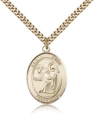 Gold Filled St. Luke the Apostle Pendant, Stainless Gold Heavy Curb Chain, Large Size Catholic Medal, 1" x 3/4"