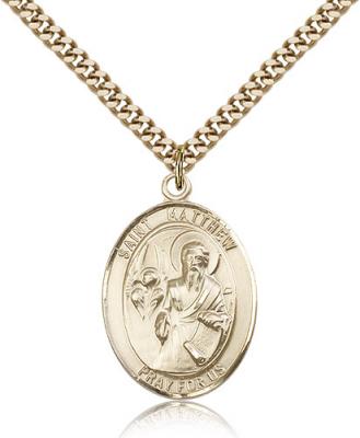 Gold Filled St. Matthew the Apostle Pendant, Stainless Gold Heavy Curb Chain, Large Size Catholic Medal, 1" x 3/4"