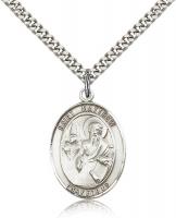 Sterling Silver St. Matthew the Apostle Pendant, Stainless Silver Heavy Curb Chain, Large Size Catholic Medal, 1" x 3/4"