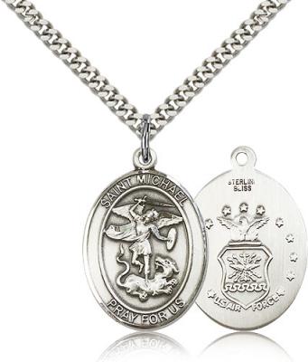 Sterling Silver St. Michael the Archangel Pendant, Stainless Silver Heavy Curb Chain, Large Size Catholic Medal, 1" x 3/4"