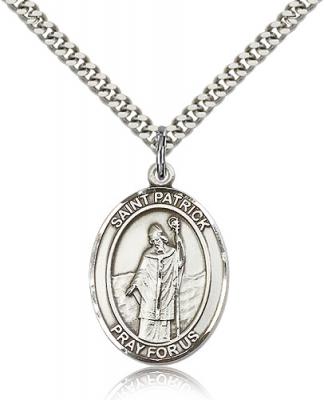 Sterling Silver St. Patrick Pendant, Stainless Silver Heavy Curb Chain, Large Size Catholic Medal, 1" x 3/4"