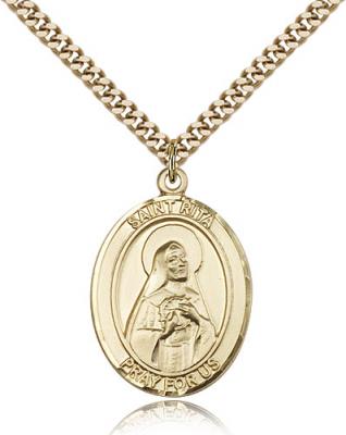 Gold Filled St. Rita of Cascia Pendant, Stainless Gold Heavy Curb Chain, Large Size Catholic Medal, 1" x 3/4"