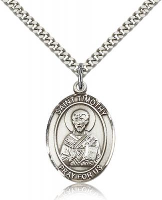 Sterling Silver St. Timothy Pendant, Stainless Silver Heavy Curb Chain, Large Size Catholic Medal, 1" x 3/4"
