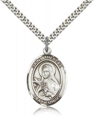 Sterling Silver St. Theresa Pendant, Stainless Silver Heavy Curb Chain, Large Size Catholic Medal, 1" x 3/4"