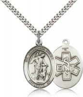 Sterling Silver Guardian Angel / Emt Pendant, Stainless Silver Heavy Curb Chain, Large Size Catholic Medal, 1" x 3/4"
