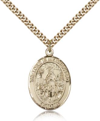 Gold Filled Lord Is My Shepherd Pendant, Stainless Gold Heavy Curb Chain, Large Size Catholic Medal, 1" x 3/4"