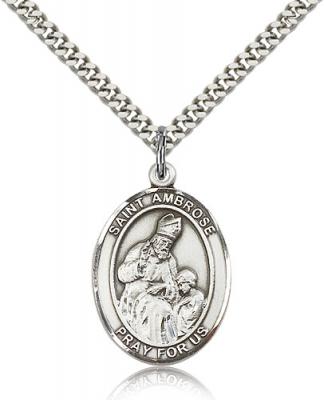 Sterling Silver St. Ambrose Pendant, Stainless Silver Heavy Curb Chain, Large Size Catholic Medal, 1" x 3/4"