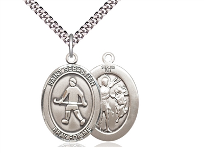 Sterling Silver St. Sebastian / Field Hockey Pendant, Stainless Silver Heavy Curb Chain, Large Size Catholic Medal, 1" x 3/4"
