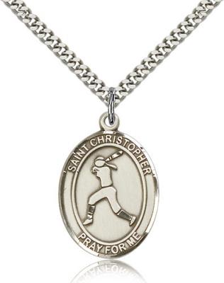 Sterling Silver St. Sebastian / Softball Pendant, Stainless Silver Heavy Curb Chain, Large Size Catholic Medal, 1" x 3/4"