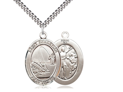 Sterling Silver St. Sebastian / Fishing Pendant, SN Heavy Curb Chain, Large Size Catholic Medal, 1" x 3/4"