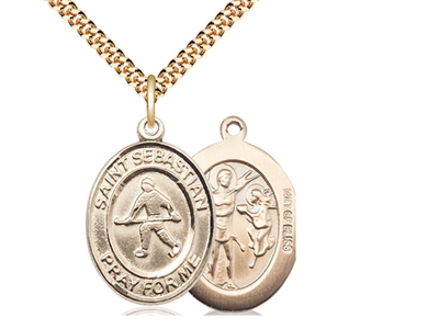 Gold Filled St. Christopher / Field Hockey Pendant, SG Heavy Curb Chain, Large Size Catholic Medal, 1" x 3/4"
