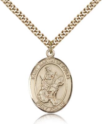Gold Filled St. Martin of Tours Pendant, Stainless Gold Heavy Curb Chain, Large Size Catholic Medal, 1" x 3/4"