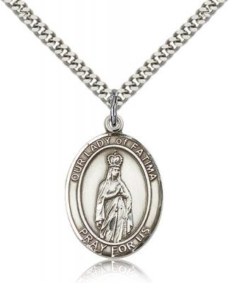 Sterling Silver Our Lady of Fatima Pendant, Stainless Silver Heavy Curb Chain, Large Size Catholic Medal, 1" x 3/4"