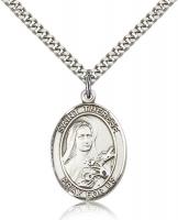 Sterling Silver St. Therese of Lisieux Pendant, Stainless Silver Heavy Curb Chain, Large Size Catholic Medal, 1" x 3/4"