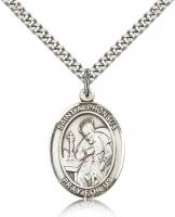 Sterling Silver St. Alphonsus Pendant, Stainless Silver Heavy Curb Chain, Large Size Catholic Medal, 1" x 3/4"