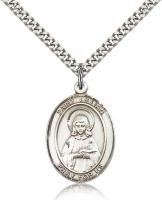 Sterling Silver St. Lillian Pendant, Stainless Silver Heavy Curb Chain, Large Size Catholic Medal, 1" x 3/4"