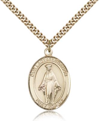 Gold Filled Our Lady of Lebanon Pendant, Stainless Gold Heavy Curb Chain, Large Size Catholic Medal, 1" x 3/4"
