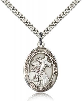 Sterling Silver St. Bernard of Clairvaux Pendant, Stainless Silver Heavy Curb Chain, Large Size Catholic Medal, 1" x 3/4"