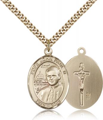 Gold Filled Pope John Paul II Pendant, Stainless Gold Heavy Curb Chain, Large Size Catholic Medal, 1" x 3/4"