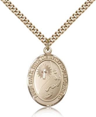 Gold Filled Footprints / Cross Pendant, Stainless Gold Heavy Curb Chain, Large Size Catholic Medal, 1" x 3/4"