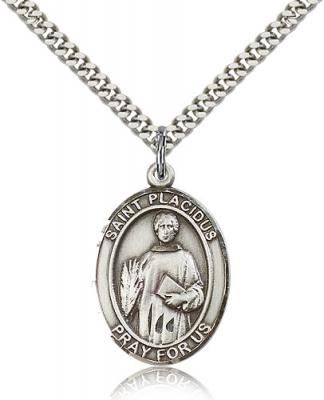 Sterling Silver St. Placidus Pendant, Stainless Silver Heavy Curb Chain, Large Size Catholic Medal, 1" x 3/4"
