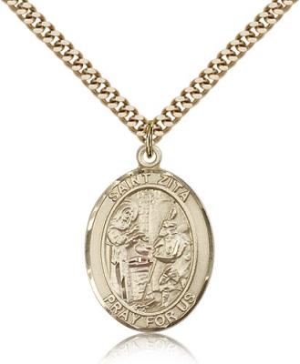 Gold Filled St. Zita Pendant, Stainless Gold Heavy Curb Chain, Large Size Catholic Medal, 1" x 3/4"