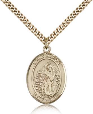 Gold Filled St. Aaron Pendant, Stainless Gold Heavy Curb Chain, Large Size Catholic Medal, 1" x 3/4"