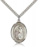 Sterling Silver St. Aaron Pendant, Stainless Silver Heavy Curb Chain, Large Size Catholic Medal, 1" x 3/4"